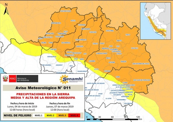 Senamhi advierte de lluvias hasta el jueves 7 de marzo en la región Arequipa