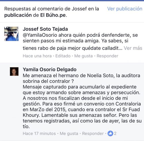 Yamila Osorio denunció amenazas por parte del sobrino del contralor Edgar Alarcón