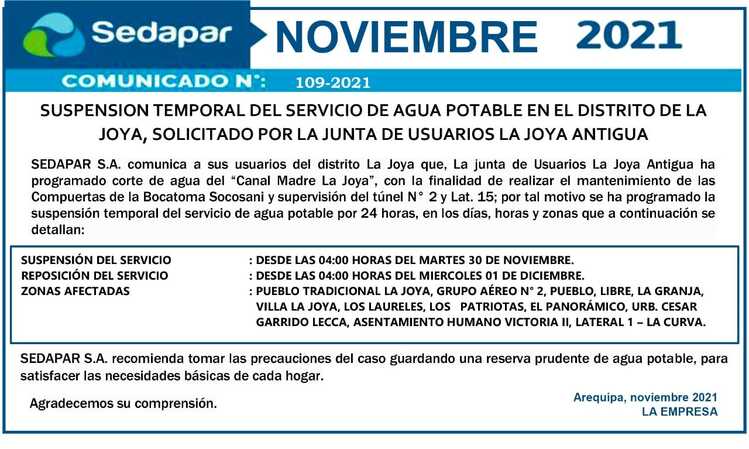 Arequipa: Sedapar anuncia cortes de agua en 4 distritos, del martes 30 al jueves 2