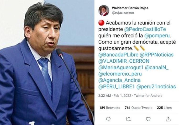 Crisis ministerial: Waldemar Cerrón en tuit afirmó que sería titular de la PCM luego lo borró y editó