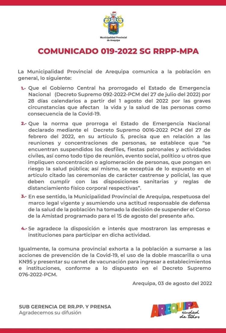 Arequipa: MPA confirma suspensión del Corso de la Amistad para prevenir contagios