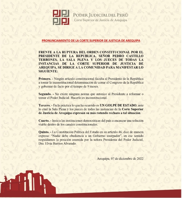 Plantones y pronunciamientos: estas son las reacciones de las autoridades e instituciones de Arequipa ante la crisis política