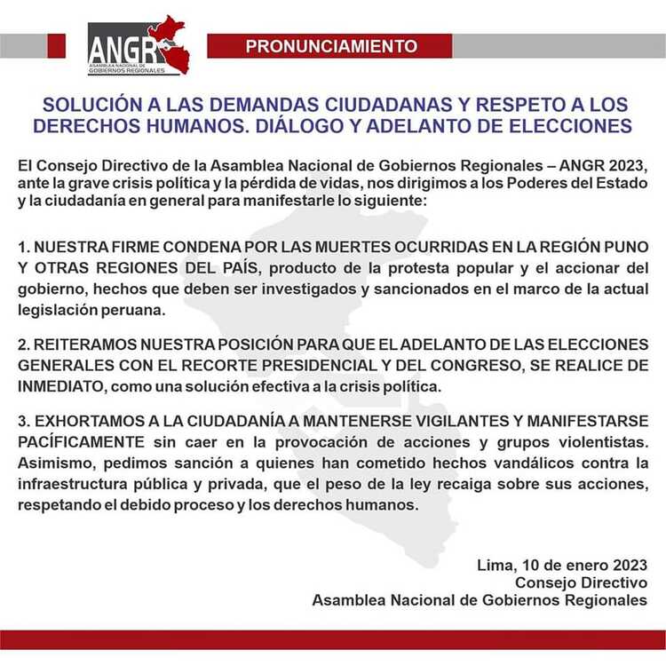 Gobernadores del Perú exigen elecciones inmediatas e investigación por fallecidos en protestas