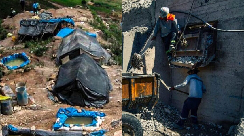 A la derecha, campamento minero artesanal en Pataz, La Libertad. A la izquierda, obreros en extracción en mina de Atico, Arequipa.