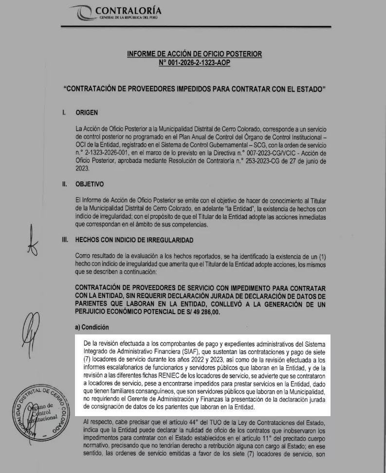 Contratación de proveedores de servicio con impedimento para contratar con la Entidad, sin requerir declaración jurada de declaración de datos de parientes que laboran en la Entidad, conllevó a la generación de un perjuicio económico potencial de S/ 49 286,00.