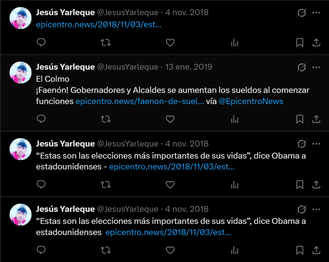 Tres publicaciones de Yarleque en X corresponden al 4 de noviembre de 2018