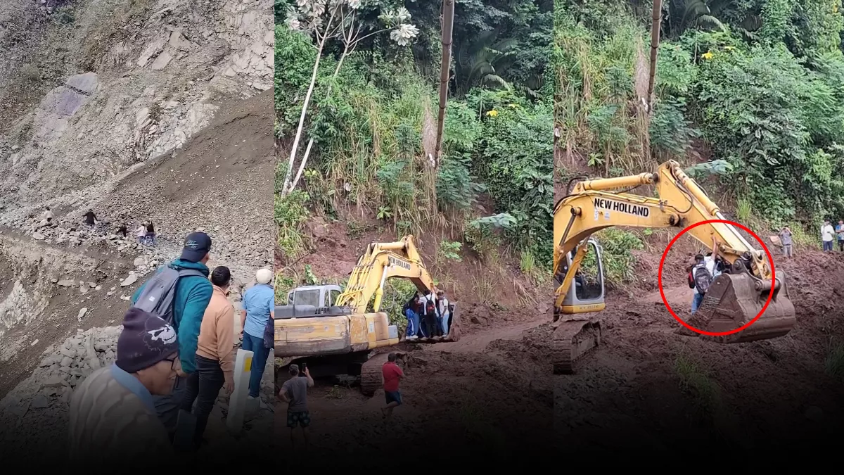 ¡Cruzan en medio de derrumbes! | Escolares cruzan trepados de maquinaria tras deslizamientos en Junín (VIDEO)